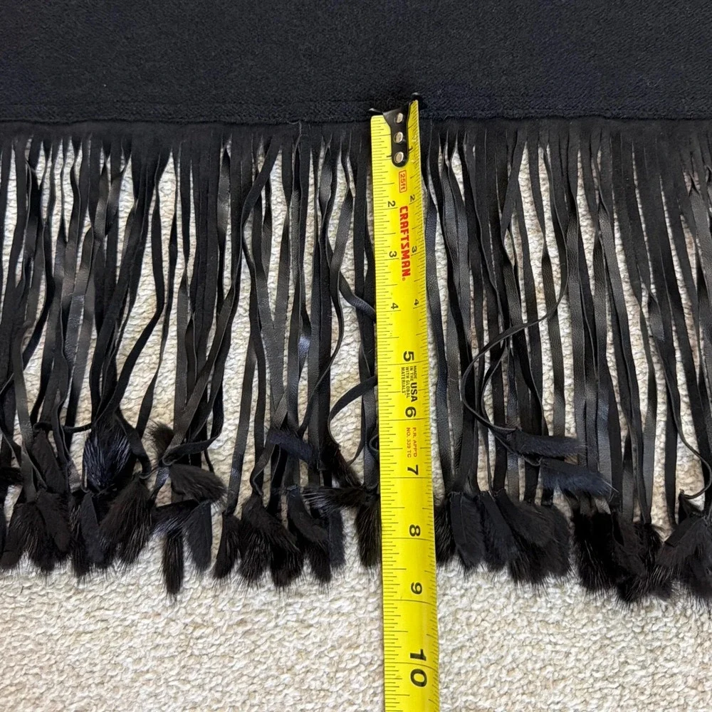 Zoe Couture Black Cashmere Wool Wrap Scarf Leather Fringe Fur Trim Oversized O/S